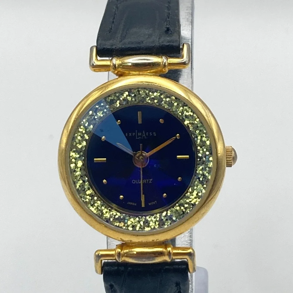 Vtg LA Express Womens Watch Gold Tone Blue Dial Faceted Glitter New Battery 7.75